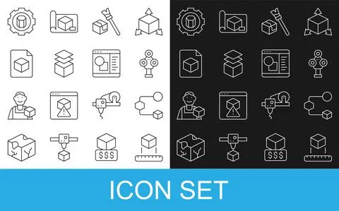 Set line Isometric cube, 3D scanner, Layers, file, printer setting and software Ilustração Stock