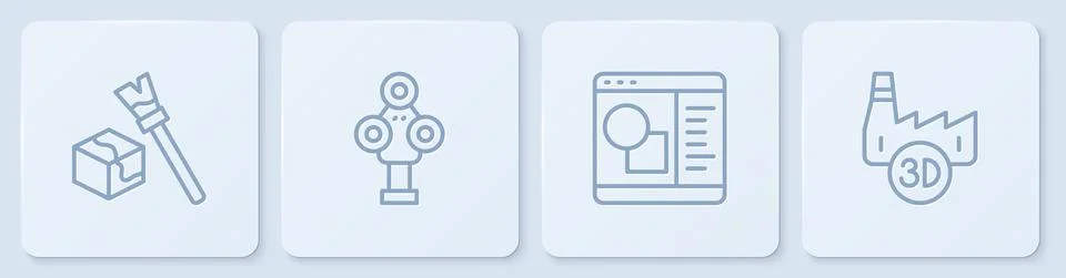 Set line Isometric cube, 3D printer software, scanner and Printing house Illustrazione stock