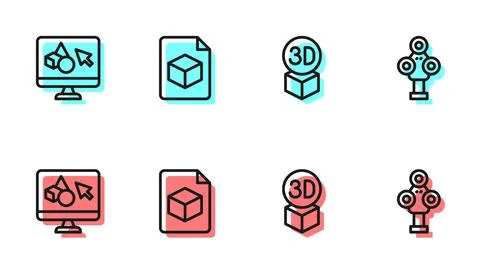 Set line Isometric cube, 3D printer software, file and scanner icon. Vector Stock Illustration