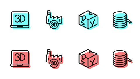 Set line Isometric cube, 3D printer, Printing house industry and Filament for Stock Illustration
