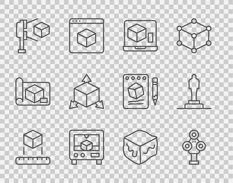 Set line Isometric cube, 3D scanner, printer, with, and model icon. Vector Stock Illustration