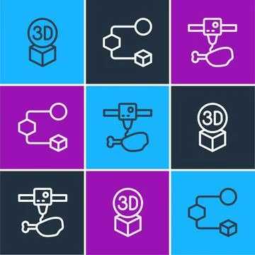 Set line Isometric cube, 3D printer chicken leg and icon. Vector Stock Illustration