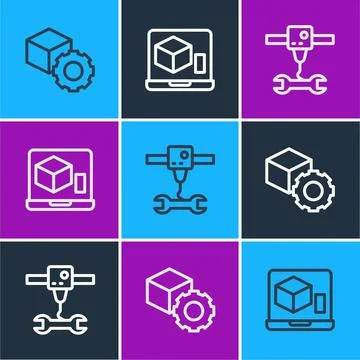 Set line Isometric cube, 3D printer wrench spanner and icon. Vector 스톡 일러스트