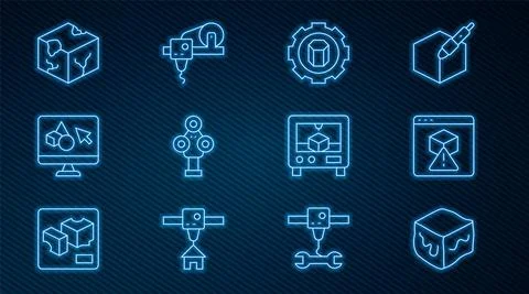 Set line Isometric cube, 3D printer, setting, scanner, software, and icon Ilustração Stock