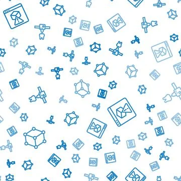 Set line Isometric cube, 3D printer and tooth on seamless pattern. Vector Illustrazione stock