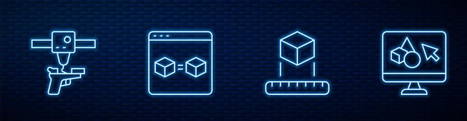 Set line Isometric cube, 3D printer gun, perfect copy and software. Glowing neon Ilustração Stock