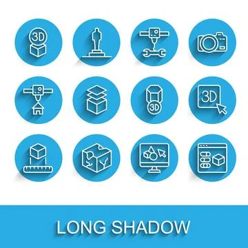 Set line Isometric cube, 3D printer software, Layers, and icon. Vector Stock Illustration