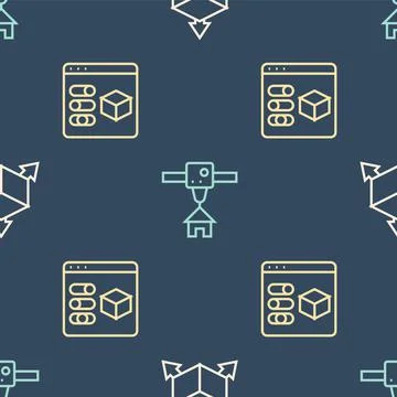 Set line Isometric cube, 3D printer and house on seamless pattern. Vector Stock Illustration