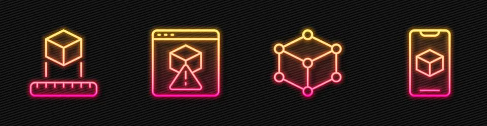 Set line Isometric cube, , 3D printer and software. Glowing neon icon. Vector Stock Illustration