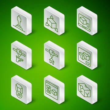 Set line Isometric cube, 3D printer, model, house, gun,  and  icon. Vector 스톡 일러스트