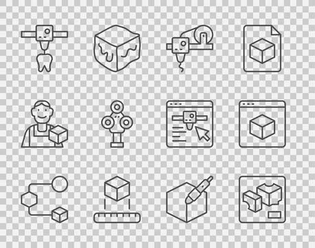 Set line Isometric cube, 3D printer, tooth, scanner, 3d pen tool and icon Stock Illustration