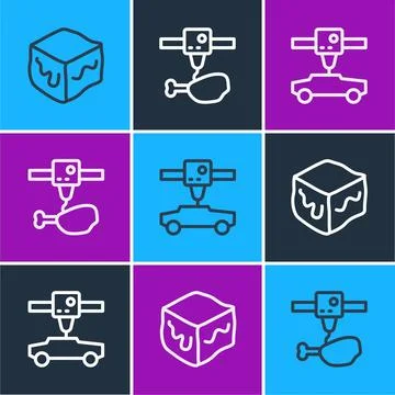 Set line Isometric cube, 3D printer car and chicken leg icon. Vector Stock Illustration