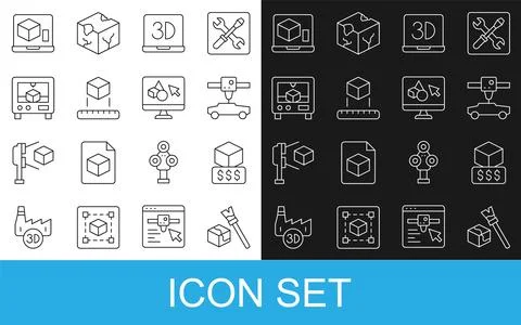 Set line Isometric cube, 3D printer services, car, and software icon. Vector Illustrazione stock