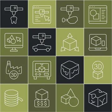 Set line Isometric cube, 3D printer, chicken leg, car, software, tooth and icon Ilustração Stock