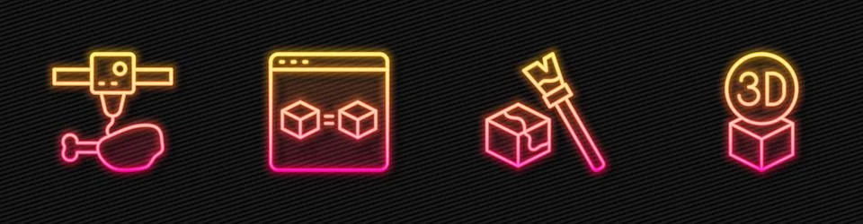 Set line Isometric cube, 3D printer chicken leg, perfect copy and . Glowing neon Stock Illustration