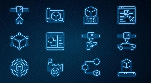 Set line Isometric cube, 3D printer car, services, software, house, gun and Ilustração Stock