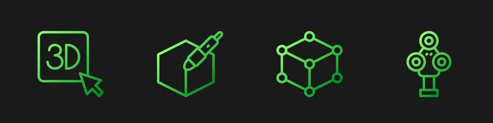 Set line Isometric cube, 3D printer, 3d pen tool and scanner. Gradient color Stock Illustration