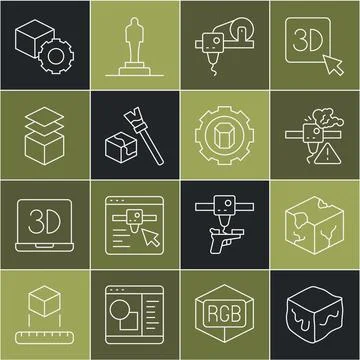 Set line Isometric cube, 3D printer warning, Layers, and setting icon. Vector Stock Illustration
