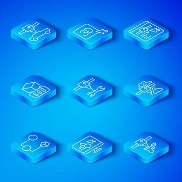 Set line Isometric cube, 3D printer wrench spanner, software, warning, setting Ilustração Stock