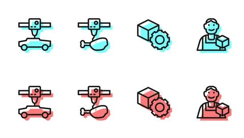 Set line Isometric cube, 3D printer car, chicken leg and Graphic designer icon Stock Illustration