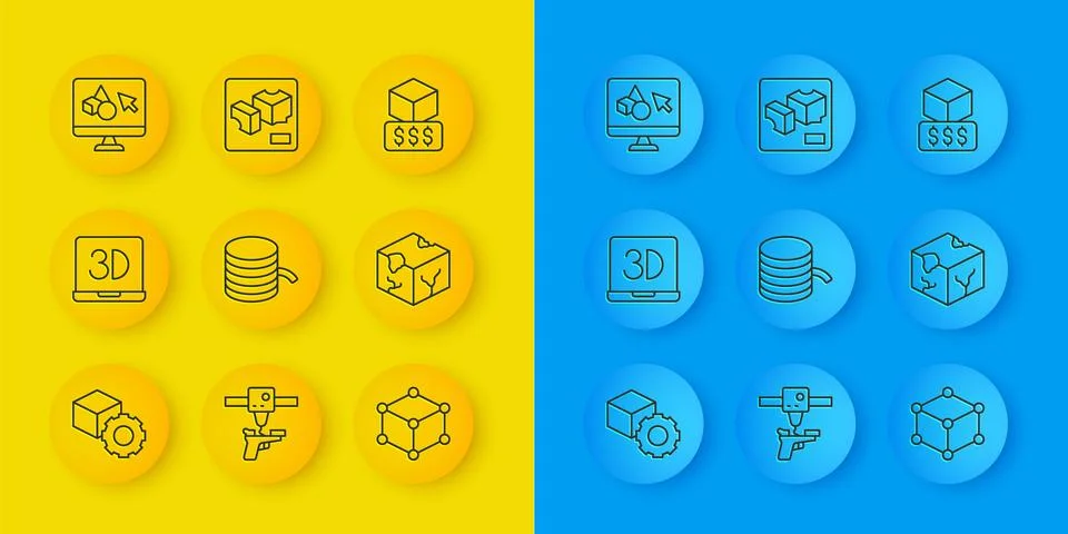 Set line Isometric cube, 3D printer, Filament for, software, services and icon Ilustração Stock