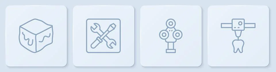 Set line Isometric cube, 3D scanner, printer setting and tooth. White square Stock Illustration