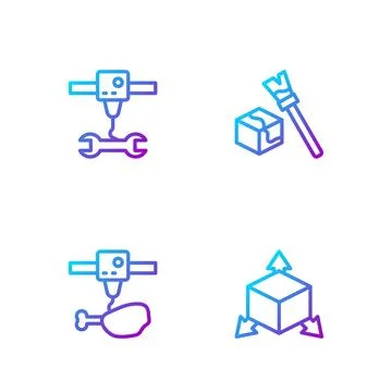 Set line Isometric cube, 3D printer chicken leg, wrench spanner and . Gradi.. Stock Illustration