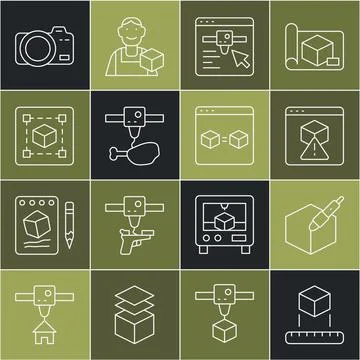 Set line Isometric cube, 3d pen tool, 3D printer, setting, chicken leg, Geo.. Stock Illustration