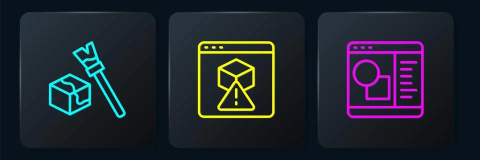 Set line Isometric cube, 3D printer software and . Black square button. Vecto Ilustração Stock