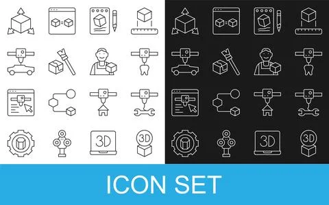 Set line Isometric cube, 3D printer wrench spanner, tooth, Sketch on paper,.. Stock Illustration