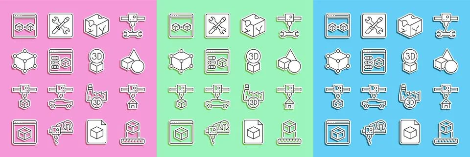 Set line Isometric cube, 3D printer house, Basic geometric shapes, perfect .. Illustrazione stock