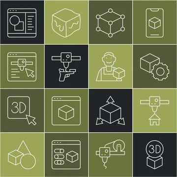 Set line Isometric cube, 3D printer house, gun, setting, software and Graph.. Ilustração Stock