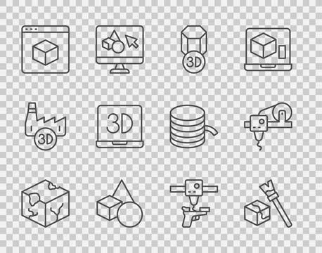 Set line Isometric cube, 3D printer, Basic geometric shapes, gun and  icon... Stock Illustration