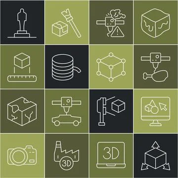 Set line Isometric cube, 3D printer software, chicken leg, warning, Filamen.. Ilustração Stock
