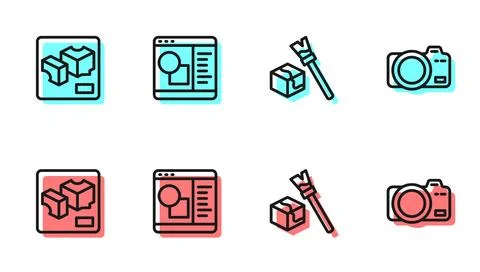 Set line Isometric cube, 3D printer, software and Photo camera icon. Vector Ilustração Stock