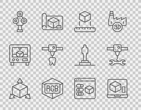 Set line Isometric cube, 3D printer, RGB and CMYK color mixing, scanner, to.. Stock Illustration