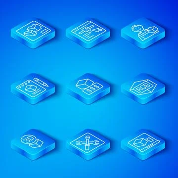 Set line Isometric cube, 3D printer services, setting, RGB and CMYK color m.. Stock Illustration