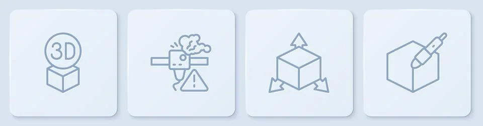Set line Isometric cube, , 3D printer warning and 3d pen tool. White square.. Stock Illustration
