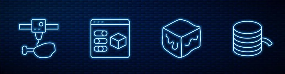 Set line Isometric cube, 3D printer chicken leg,  and Filament for. Glowing.. Stock Illustration