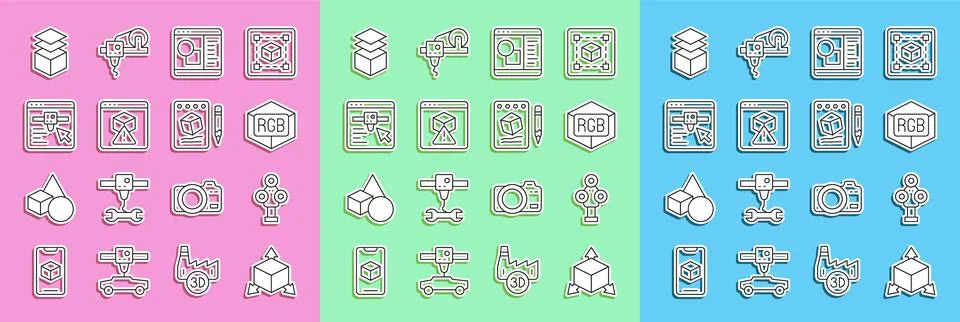 Set line Isometric cube, 3D scanner, RGB and CMYK color mixing, printer sof.. Stock Illustration