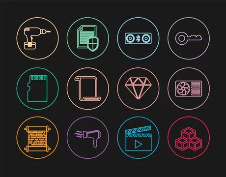 Set line Isometric cube, Air conditioner, speakers, Paper scroll, Micro SD me Stock Illustration