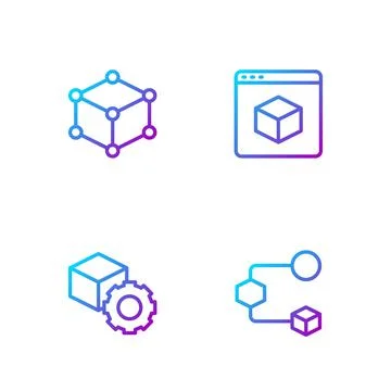 Set line Isometric cube, , and 3D printer. Gradient color icons. Vector Stock Illustration