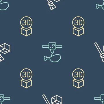 Set line Isometric cube, and 3D printer chicken leg on seamless pattern. Vector Stock Illustration