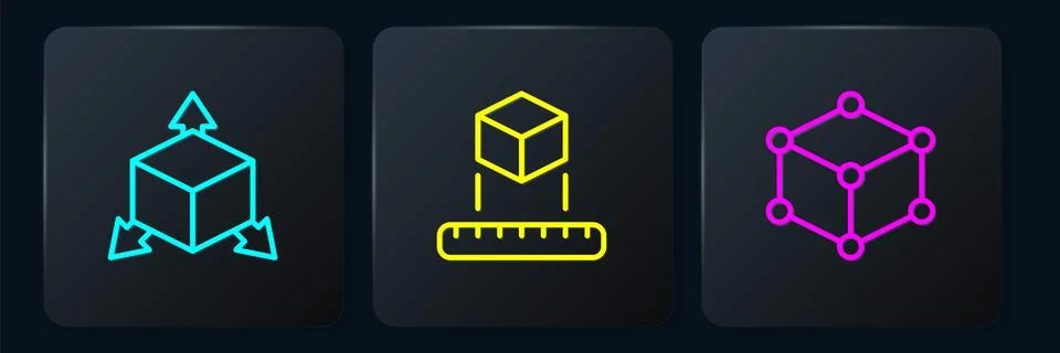 Set line Isometric cube,  and . Black square button. Vector Stock Illustration