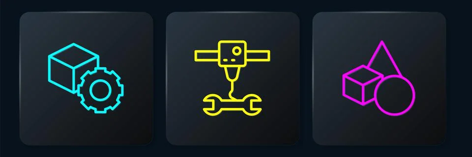 Set line Isometric cube, Basic geometric shapes and 3D printer wrench spanner Illustrazione stock