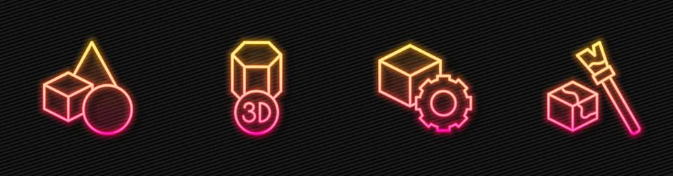 Set line Isometric cube, Basic geometric shapes, 3D printer and . Glowing neon Stock Illustration