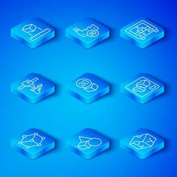 Set line Isometric cube, Basic geometric shapes, 3D printer, gun, and icon Illustrazione stock