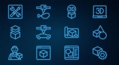 Set line Isometric cube, Basic geometric shapes, 3D printer car, Layers, se.. Illustrazione stock