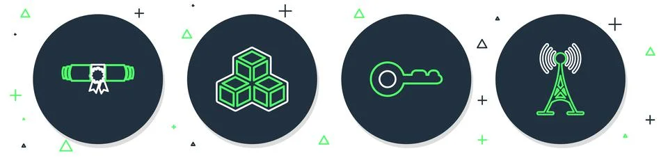 Set line Isometric cube, Diamond, Diploma rolled scroll and Antenna icon. Vector Stock Illustration