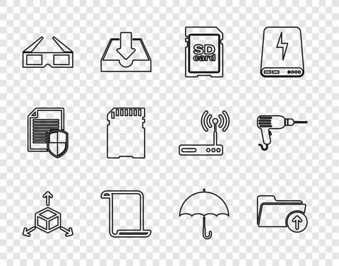 Set line Isometric cube, Download arrow with folder, SD card, Paper scroll, 3D Stock Illustration